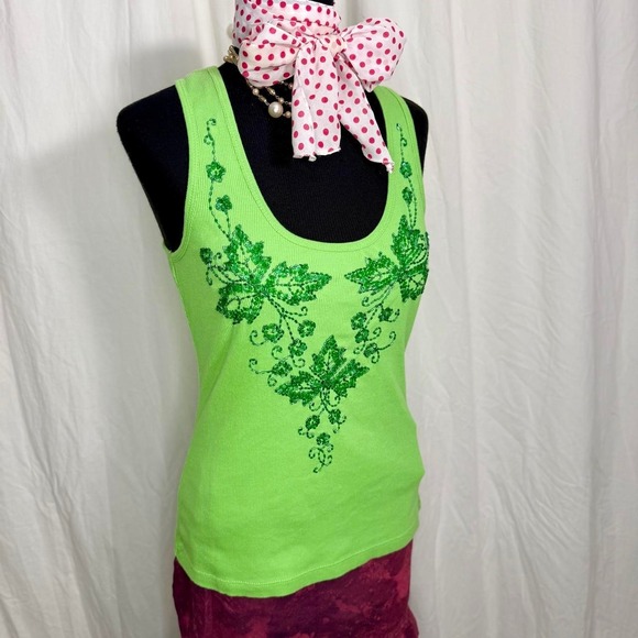 Bisou Bisou Tops - Bisou Bisou Y2K Lime Green Beaded Sequin Floral Tank Top Medium
